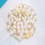 Catholic Rosary 8mm Gold Rose Beads Cross Handmade Curved Needle Religious Necklace Church Easter Gift - Image 3