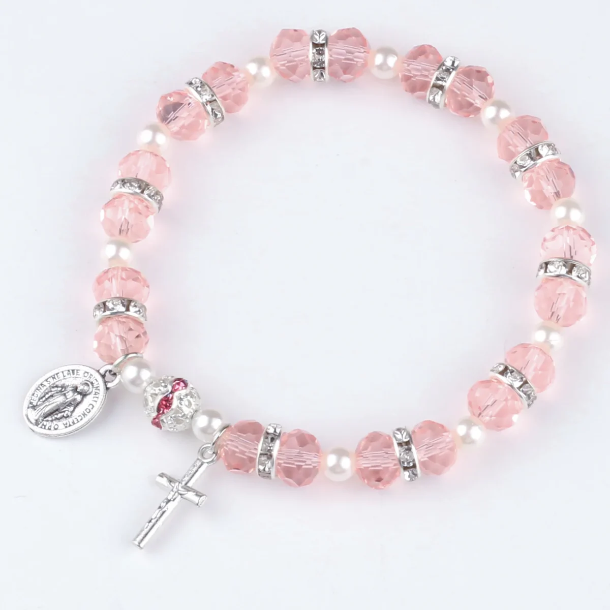 Religious Style Crystal Cross Bracelet Elastic Cord Glass Beaded Product Cross Virgin Mary Zinc Alloy Catholic Bracelet - Image 3