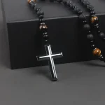 Mecrt Christianity Rosary Men's Cross-Religious Necklace with Natural Black Volcanic Rock Yellow Tiger Eye Iron Stone Beads - Image 4