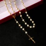Wholesale 8mm Gold Pearl Rosary Necklace Religious Style Cross Jewelry with Beads Chain Factory Price Car Hanging Cross - Image 5