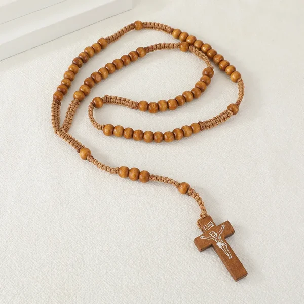 Handmade Natural Wood Beads Catholic Rosary Necklace Cross Jesus Pendant Religious Crucifix Jewelry Unisex Anniversary W