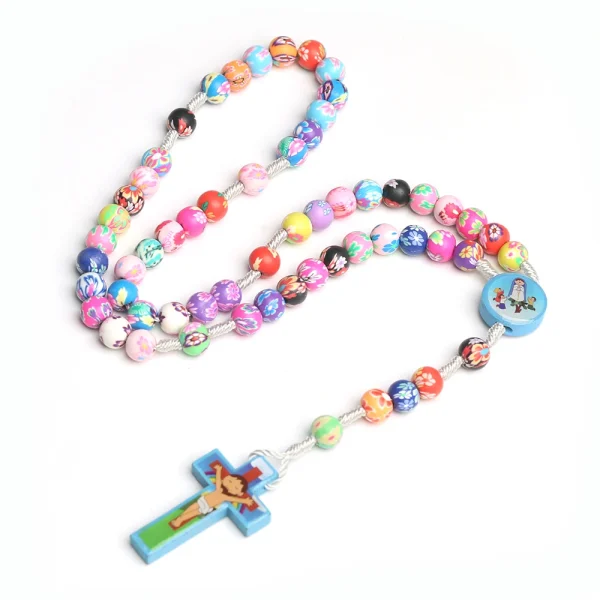 Mecrt Rosary for Child Necklace Colorful Polymer Clay Jesus Cross Pendant Beads Chain Holy Communion Baptism Kids Gift
