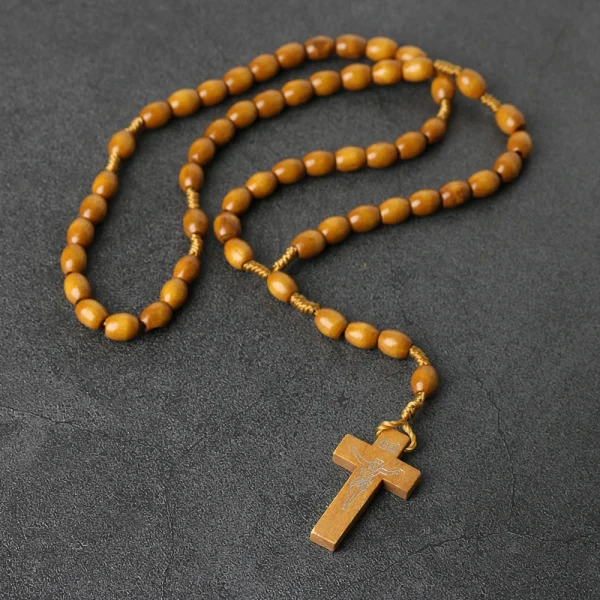 Vintage Rosary Cross Natural Wood Beads 10mm Religious Handmade Pendant Jesus Easter Presents Gifts Christian Jewelry Wh