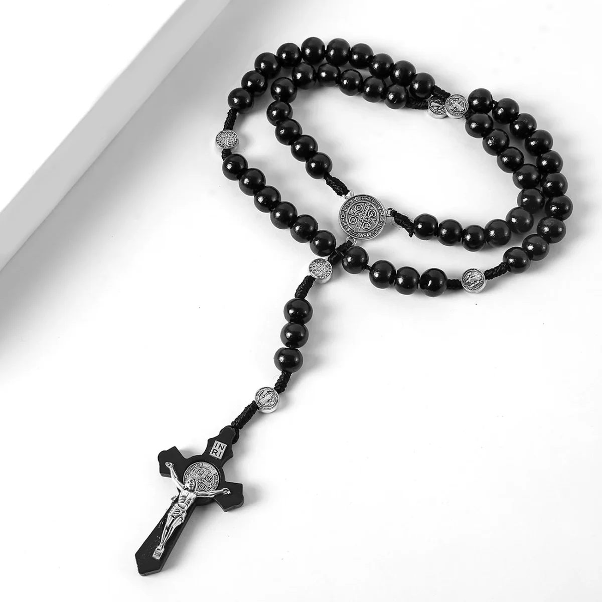Catholic Rosary Crucifix Religious Jewelry Saint Benedict Charm Cross Pendant Jesus 10mm Wood Beads Handmade Rosaries Wholesale - Image 6