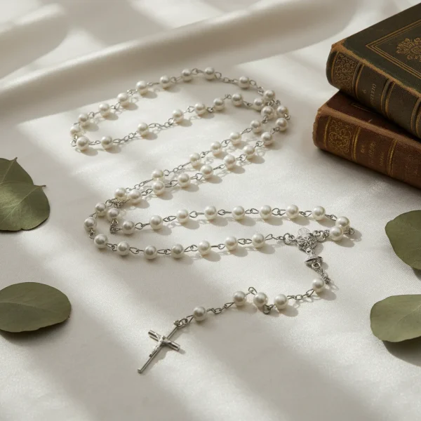 White Imitation Pearl Glass Beaded Catholic Rosary Necklace First Communion Rosary Chalice Center Prayer Beads Wholesale
