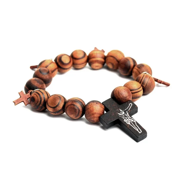 Jesus Christ Black Wooden Beads Elastic Religious Prayer Cross Bracelet Church Rosary Memorare Easter Pentecost Catholic