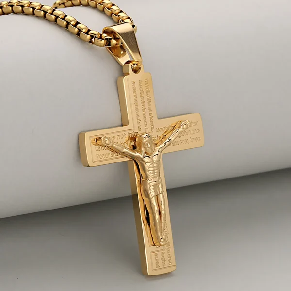 Men’s High-End Fashion Crucifix Pendant Jesus Cross Hot Sale Hip-Hop Style Gold Plated Stainless Steel Link
