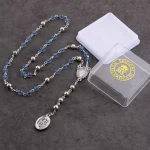 Mecrt Religious Jewelry Items Catholic Virgin Mary Chain Rosay Blue Glass Pearl Beads Rosario Women Necklaces with Box