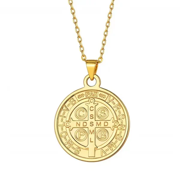 Stainless Steel Cross Medal Versatile Double Sides Pattern Men’s St Benedict Necklace