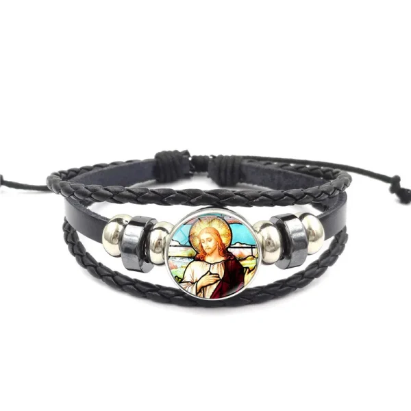 Mecrt Men’s Religious Punk Cuff Bracelets Virgin Mary Medal Beaded Woven Leather Wristband Zodiac Gifts with Cross