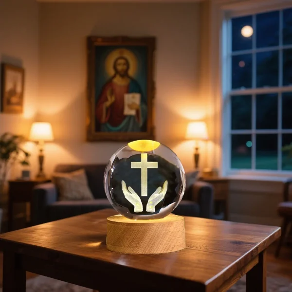 Catholic Cross Crafts Religious K9 Crystal Ball Tabletop Ornament Decoration Bedroom Light Gifts Wedding Gifts Christmas