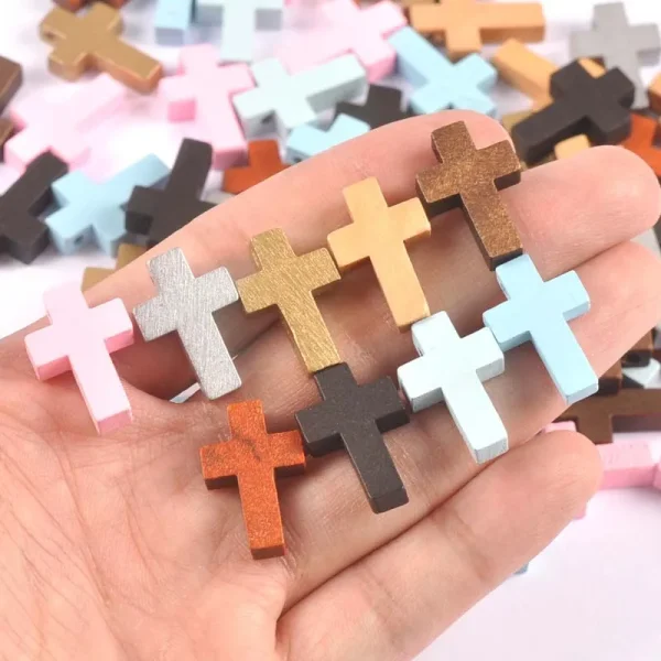 Catholic Rosary Accessories Solid Color Christmas Perforated Cross Pendant Hanging Wooden Loose Bead Bracelet Necklace A