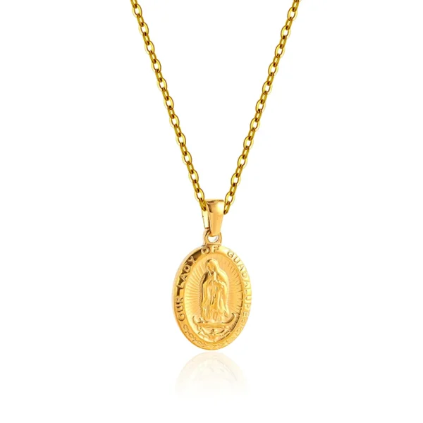 Our Lady of Guadalupe Pendant Necklace Stainless Steel Titanium with Diamond Link Chain for Daily Wear Anniversary