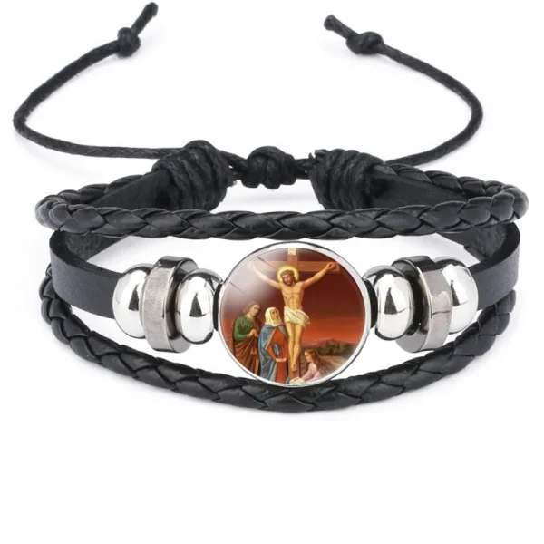 Mecrt Layered PU Leather Bracelets With Round Miraculous Jesus Virgin Mary Figures Medal Beads Wristband Bangle Bracelet