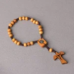 Wholesale Natural Wooden Cross Rosary Bracelet 8mm Pine Wood Beads Mary Rope Woven Easterewelry Type Bangles - Image 3