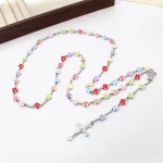 European American Style Flat Bead Lace Alloy Gold Religious Catholic Prayer Gift Colorful Flower Long Cross Pendant Rosary - Image 3