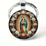 Our Lady of Guadalupe Round Glass Keychain Metal Flower Virgin Prayer Bag Decorative Pendant Gift Jewelry - Image 5