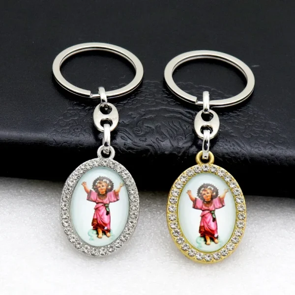 Catholic Theme Alloy Handmade Commemorative Cartoon Photo Frame Oval Micro-Inlaid Jewelry Keychain Pendant
