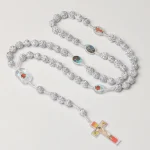 Catholic Rosary Jesus Cross Pendant White Silver-plated Rose Bead Crucifix Necklace Religious Jewelry Church Gift Wholesale - Image 3