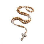 Mecrt Catholic Rosary Crucifix Retro Wood Beads Alloy Benedic Jesus Christ Cross Virgin Mary Pendant Rosaries Necklace - Image 4