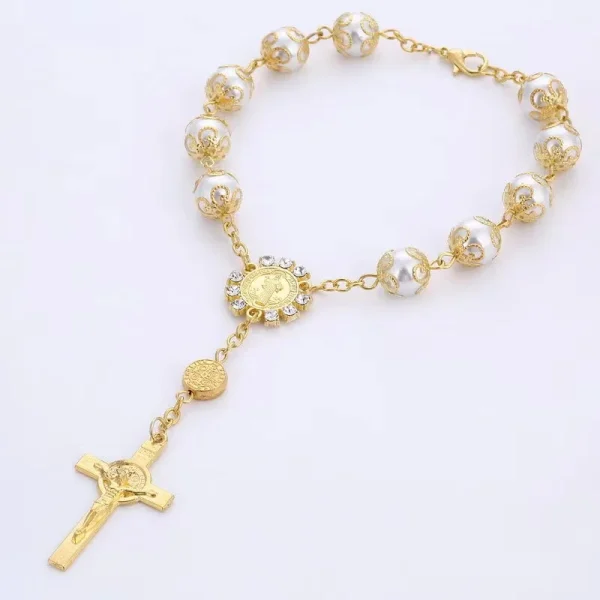 Crystal Wholesale 10mm Imitation Pearl Beaded Zinc Alloy Catholic Unisex Virgin Mary Rosary Bracelets with Crucifix
