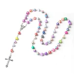 Catholic Rosary Crucifix Necklace Colorful Cross Polymer Clay 8mm/6mm Colored Patterned Beads Prayer Beads Jesus Alloy Pendant - Image 6