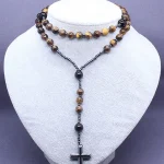 Hot Sale Tiger Eye Agate Beads Sweater Chain Cross Rosary Necklace Unisex Accessories - Image 4