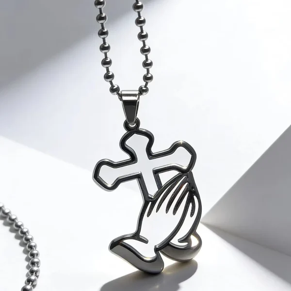 Stainless Steel Bamboo Chain Sporty Unisex Prayer Hand Cross Necklace Pendant Personalized Sweater Chain Jewelry Accesso