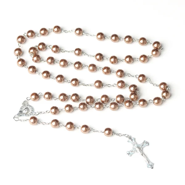 Catholic Cross Rosary Necklace Imitation Pearl 8MM Beads Easter Christian Sacrifice Gifts Church Prayer Jewelry Wholesal