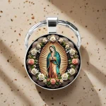 Our Lady of Guadalupe Round Glass Keychain Metal Flower Virgin Prayer Bag Decorative Pendant Gift Jewelry - Image 2