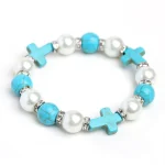 Christian Holy Prayer Bracelet Pearl Cross Turquoise Christ Women's Jewelry Church Rituals Rosary Memorare Easter Pentecost