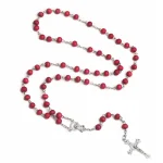 Rose Fragrance Wooden Bead 6mm Holy Cross Pendant Catholic Anniversary Rosary Necklace Silver Cross Maria Center Religious