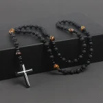 Mecrt Christianity Rosary Men's Cross-Religious Necklace with Natural Black Volcanic Rock Yellow Tiger Eye Iron Stone Beads