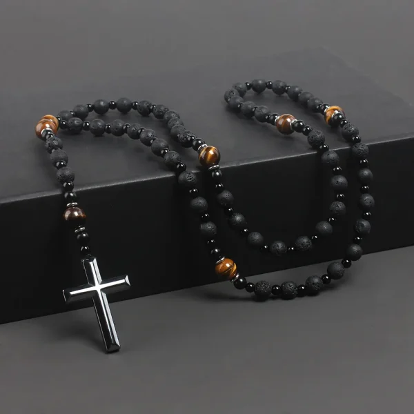 Mecrt Christianity Rosary Men’s Cross-Religious Necklace with Natural Black Volcanic Rock Yellow Tiger Eye Iron St