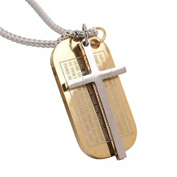 European American 44MM Fashion Retro Engraved Badge Cross Stainless Steel Pendant Necklace Bamboo Chain