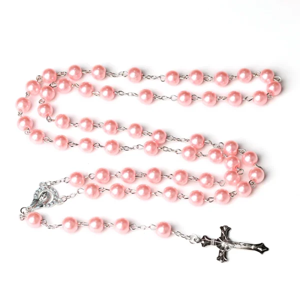 Catholic Cross Rosary Necklace Imitation Pearl 8MM Beads Easter Christian Sacrifice Gifts Church Prayer Jewelry Wholesal