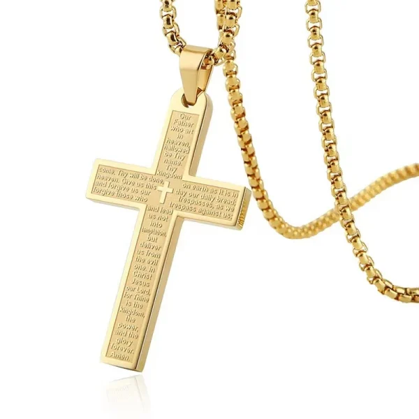 Igh Polished Stainless Steel Unisex Vintage Strand Statement Necklace Plated with 18K Gold Bible Scripture Cross Pendant