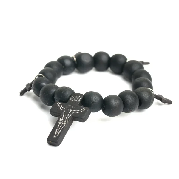 Jesus Christ Black Wooden Beads Elastic Religious Prayer Cross Bracelet Church Rosary Memorare Easter Pentecost Catholic