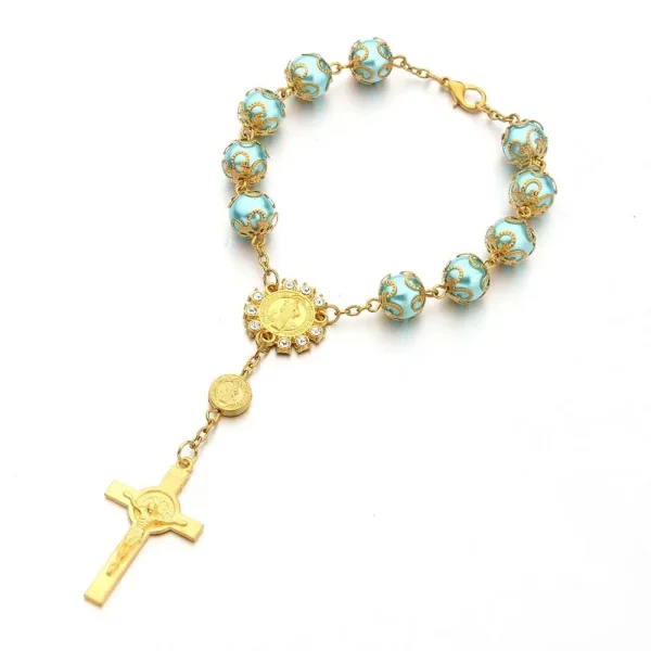 Crystal Wholesale 10mm Imitation Pearl Beaded Zinc Alloy Catholic Unisex Virgin Mary Rosary Bracelets with Crucifix