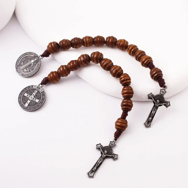 Cross-border Temu Alloy Cross Saint Benedict Medal Prayer Pocket Beaded Bracelets Catholicism Brown Wooden Beads