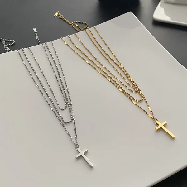 Three-layer Cross Necklace Female NicheAdvanced Collarbone Chain Tide Fashion Catholic Christian Jewelry for Women