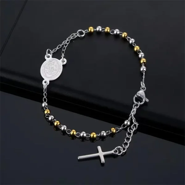 Wholesale 4mm Stainless Steel Rosary Bracelet Religious Style with S.T Miraculous Centerpiece Medal Cross Charms Religio