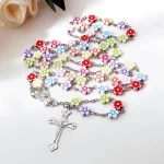 European American Style Flat Bead Lace Alloy Gold Religious Catholic Prayer Gift Colorful Flower Long Cross Pendant Rosary - Image 6