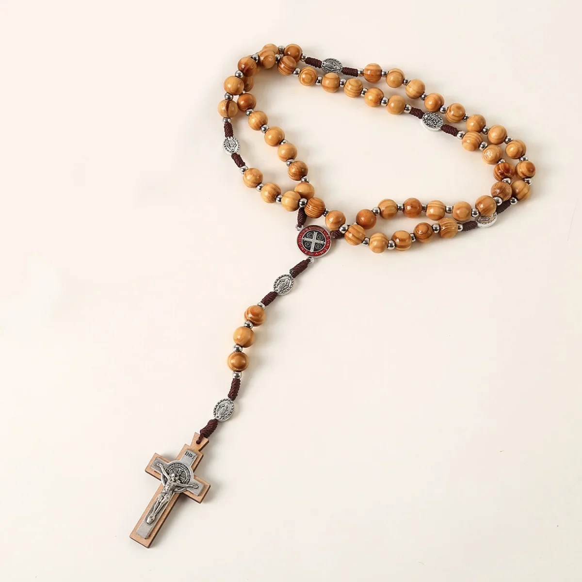 Catholic Rosary Necklace 10mm Beads Prayer Cross Jerusalem Handwoven Cross-Border Wooden Jewelry - Image 2