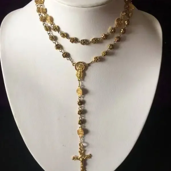 Religions Necklace Prayer Rosary Gold Alloy Rose Flower Beads Fitting Curved Needle Necklace