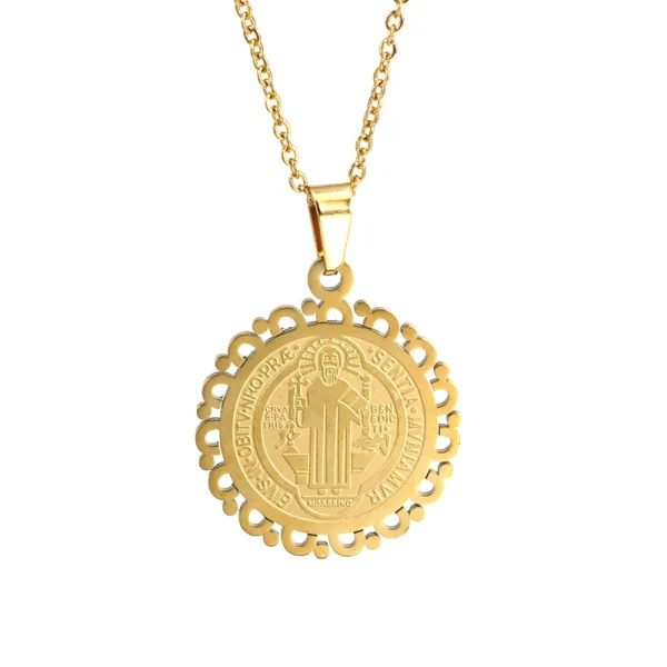 Mecrt Religious Stainless Steel Religious Pendant Necklace Cross-Shaped Miracle Medal Beaded Chain Alloy for Priest Son 