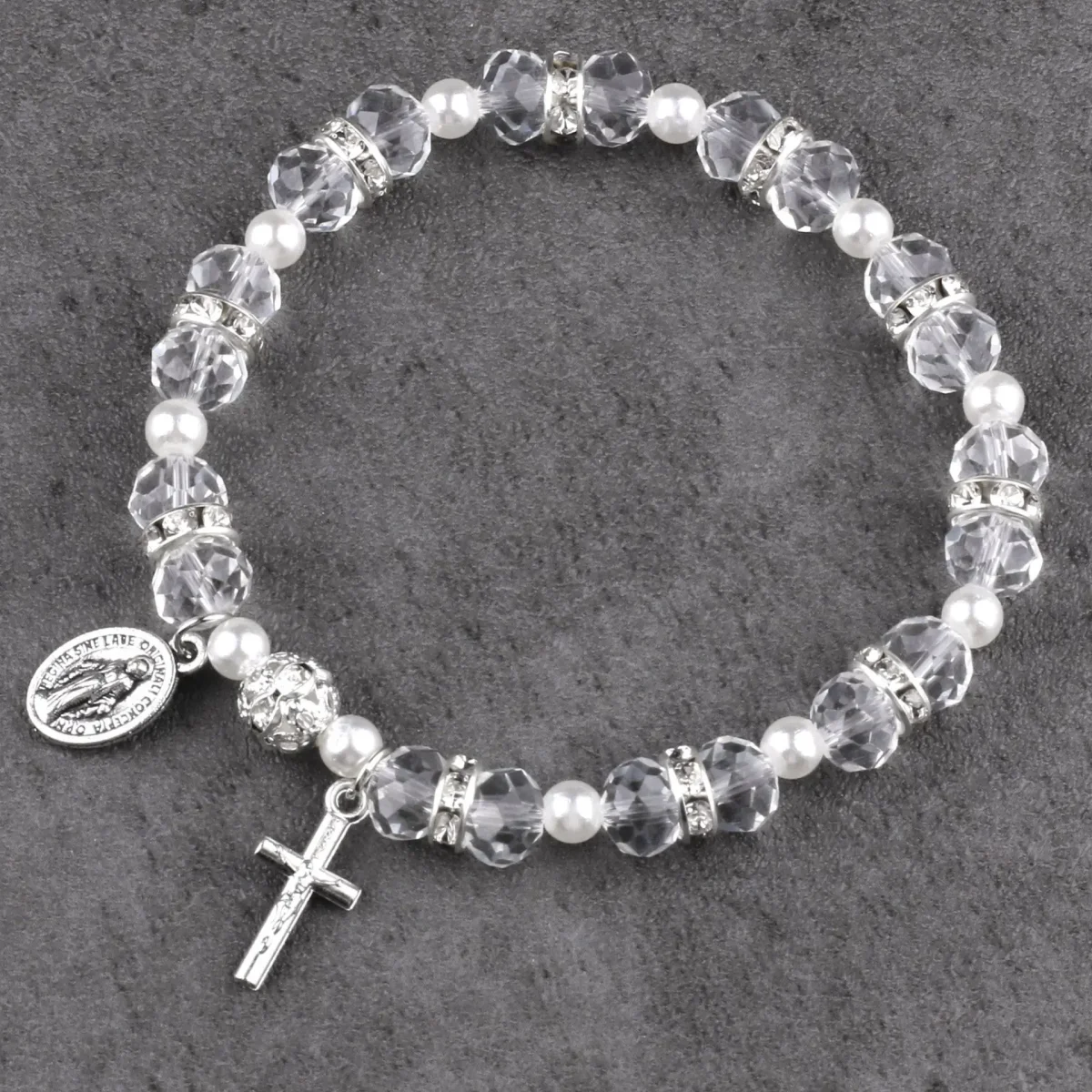 Religious Style Crystal Cross Bracelet Elastic Cord Glass Beaded Product Cross Virgin Mary Zinc Alloy Catholic Bracelet - Image 6