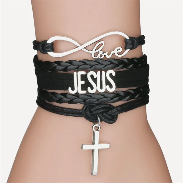 Mecrt Classic Alloy Bracelet and Cross Jesus Catholic Woven Bracelet Religious Gift Jewelry Colorful Leather Bracelet Wh