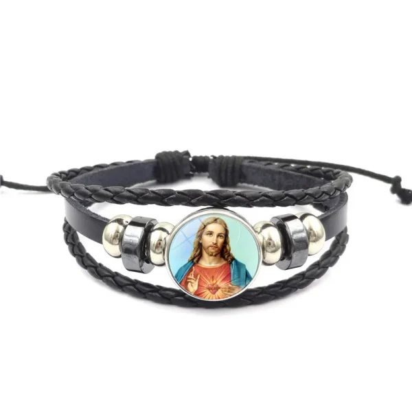 Mecrt Men’s Religious Punk Cuff Bracelets Virgin Mary Medal Beaded Woven Leather Wristband Zodiac Gifts with Cross