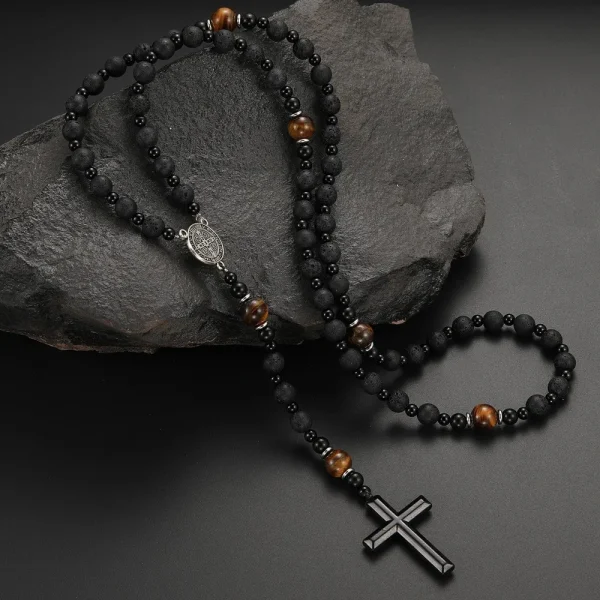 Mecrt Christianity Rosary Men’s Cross-Religious Necklace with Natural Black Volcanic Rock Yellow Tiger Eye Iron St